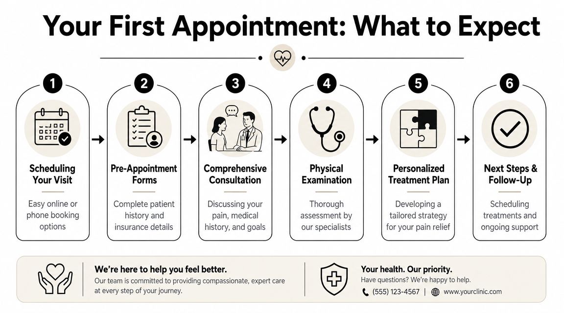 pain management wilkes barre pa appointment process If you're searching for pain management Wilkes-Barre PA, but you live in Chicago Ridge or nearby suburbs like Oak Lawn, Orland Park, Palos Hills, Alsip, Burbank, Bridgeview, Hickory Hills, Worth, Palos Heights, or Evergreen Park, what you likely want is simple. You want to know what's causing the pain, what can realistically help, and what to do next without getting pushed straight toward long-term opioid use. Pain Management Wilkes Barre PA: Lasting Relief 2026 A six-step infographic detailing the patient experience and what to expect during their first clinic appointment.