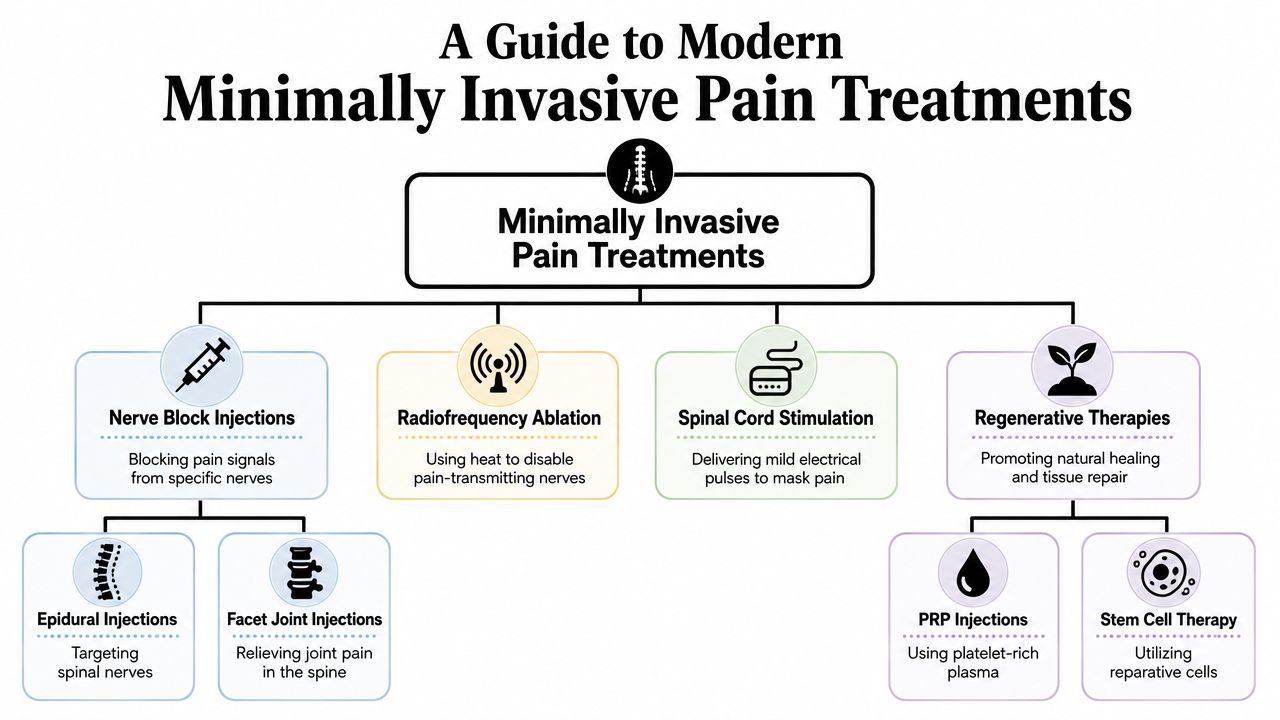 pain management wilkes barre pa pain treatments If you're searching for pain management Wilkes-Barre PA, but you live in Chicago Ridge or nearby suburbs like Oak Lawn, Orland Park, Palos Hills, Alsip, Burbank, Bridgeview, Hickory Hills, Worth, Palos Heights, or Evergreen Park, what you likely want is simple. You want to know what's causing the pain, what can realistically help, and what to do next without getting pushed straight toward long-term opioid use. Pain Management Wilkes Barre PA: Lasting Relief 2026 An infographic chart displaying various types of minimally invasive pain treatments including injections, ablation, and therapy.