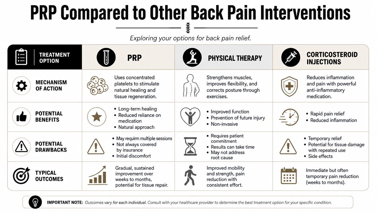 A comparison chart outlining PRP, physical therapy, and corticosteroid injections for treating back pain.