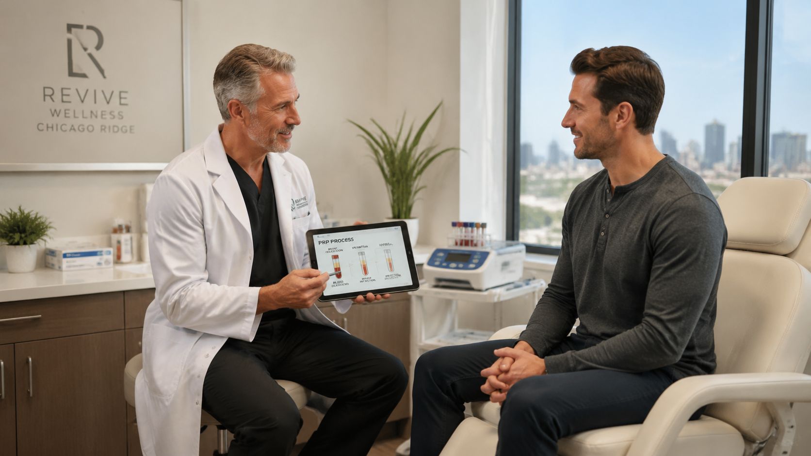 A male doctor in a white coat explains the PRP process to a patient using a digital tablet.