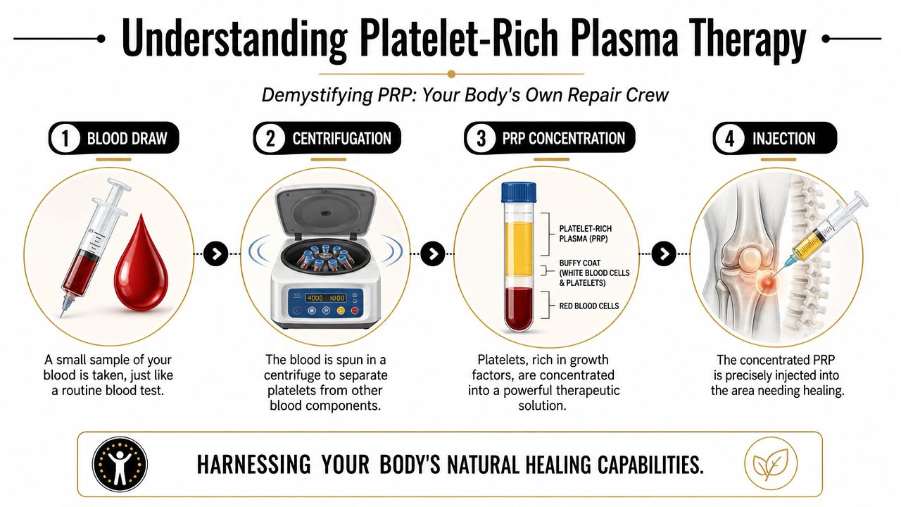 An infographic illustrating the four-step platelet-rich plasma therapy process, from blood draw to precise medical injection.