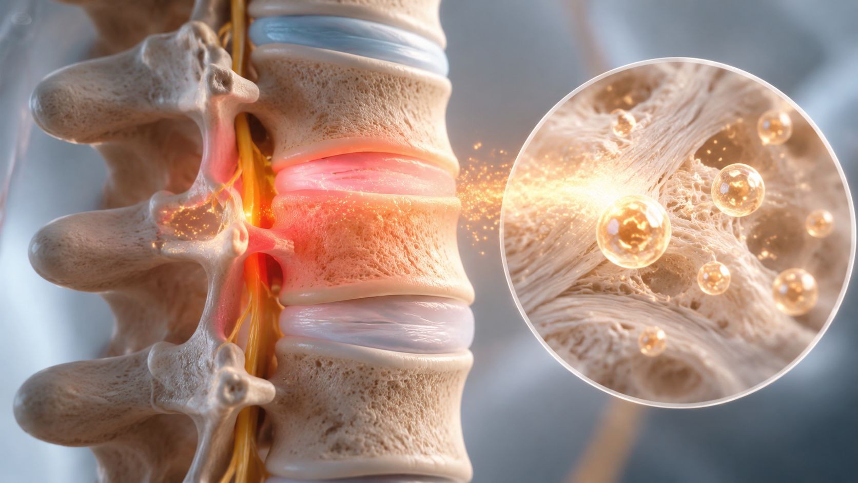 A 3D medical illustration showing a herniated spinal disc pressing on a nerve with microscopic cell therapy.