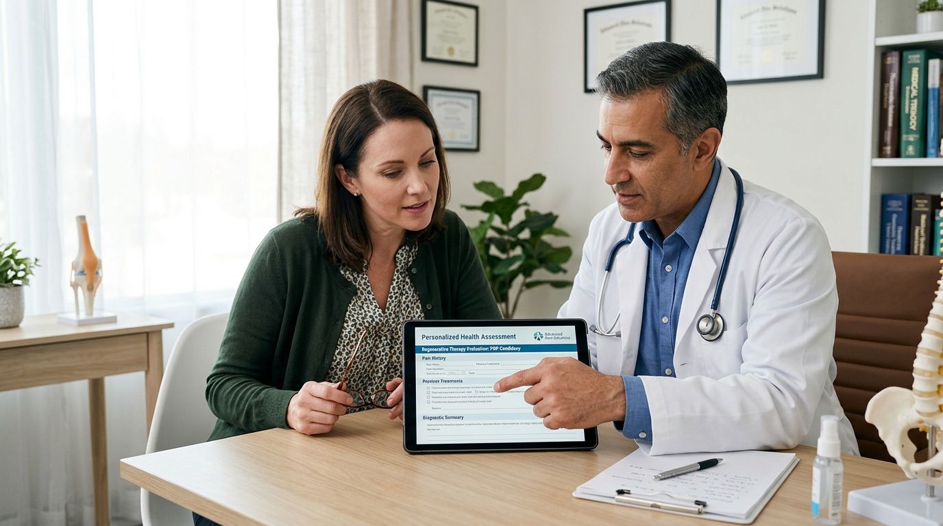 A doctor in a white coat explaining a regenerative therapy assessment on a tablet to a female patient.