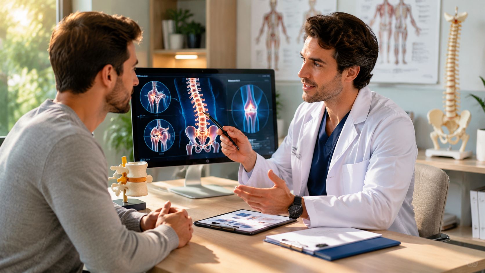 A doctor explaining spinal diagnostic images on a computer screen to a patient in a medical office.