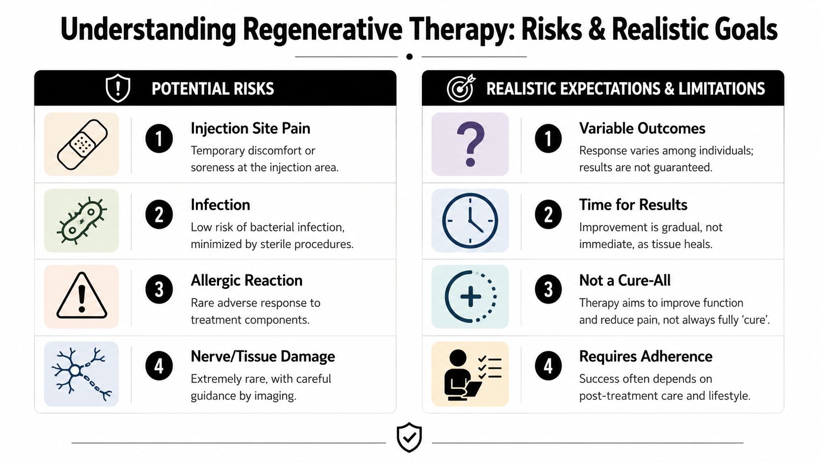 An infographic titled Understanding Regenerative Therapy outlining potential risks and realistic expectations for patients considering treatment.