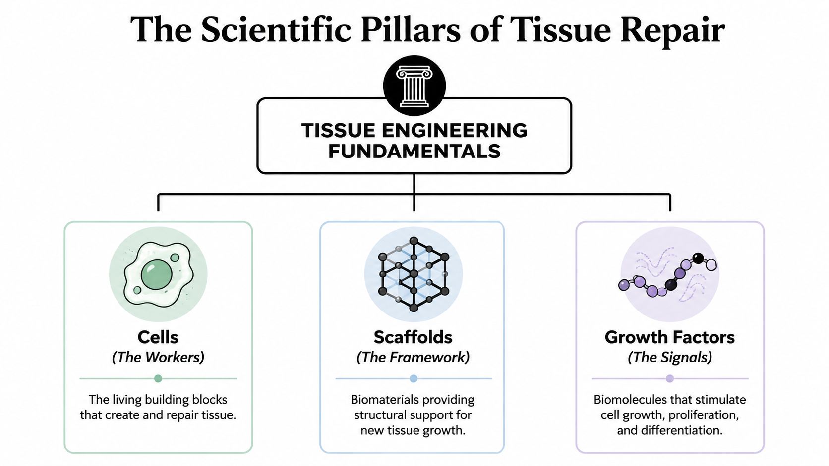A diagram illustrating the three fundamental scientific pillars of tissue engineering: cells, scaffolds, and growth factors.