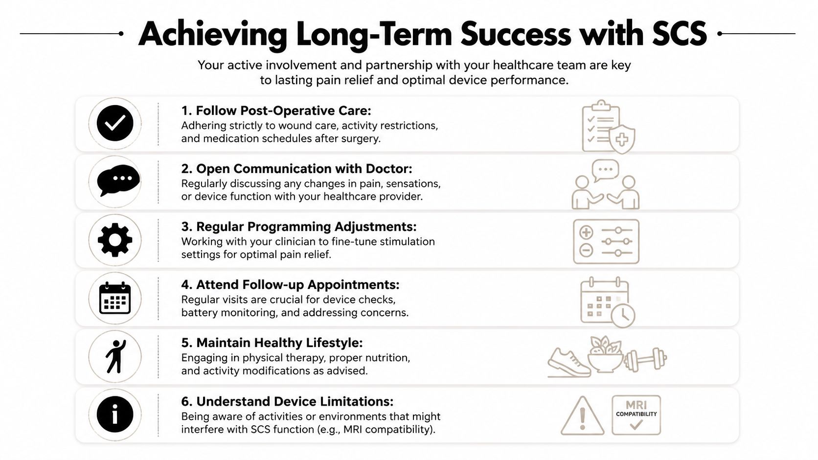 An infographic titled Achieving Long-Term Success with SCS, outlining six steps for managing spinal cord stimulation therapy.