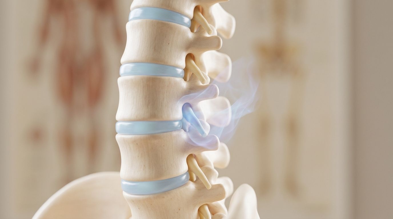 A medical 3D illustration showing a section of the human spine with glowing blue nerve stimulation.