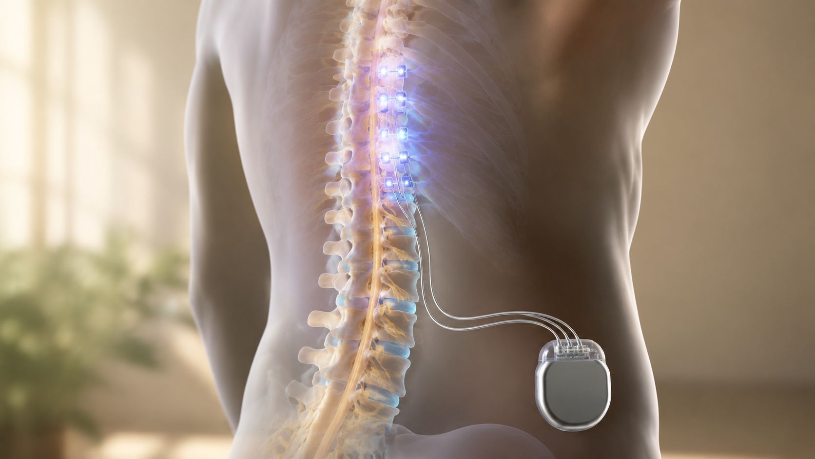 A medical illustration showing a spinal cord stimulator device implanted in a patient to manage chronic pain.