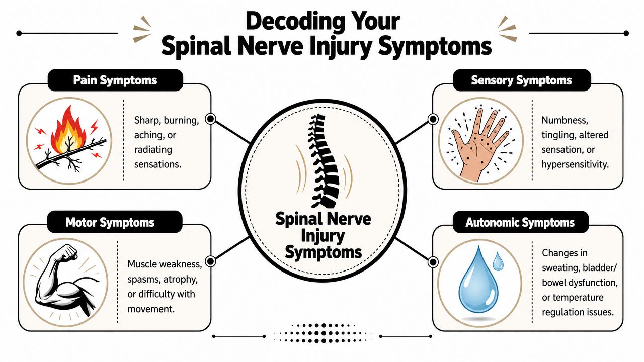 spinal nerve injury symptoms medical infographic Falls, car crashes, sports injuries, and work injuries can clearly injure the spine or nerves. But I'd urge patients not to anchor only on trauma. Degenerative narrowing, disc changes, prior surgery, scar tissue, and longstanding posture or load issues can also create very real spinal nerve injury symptoms. Spinal Nerve Injury Symptoms: A Patient's Guide An infographic titled Decoding Your Spinal Nerve Injury Symptoms, outlining pain, sensory, motor, and autonomic injury symptoms.