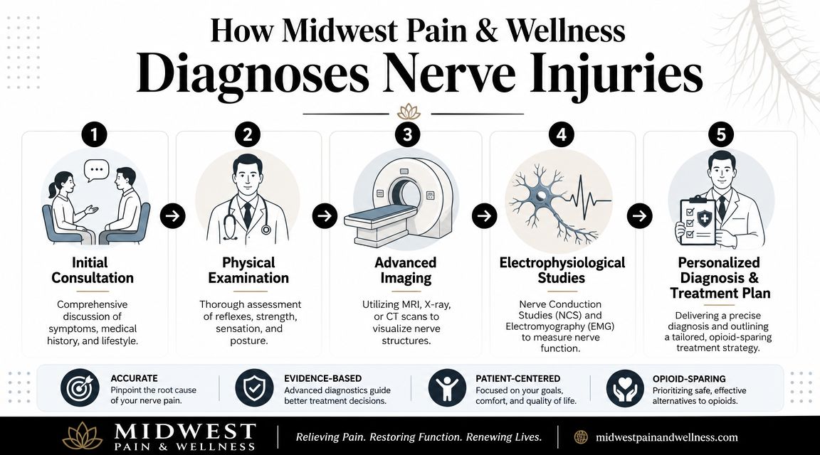 spinal nerve injury symptoms nerve diagnosis Falls, car crashes, sports injuries, and work injuries can clearly injure the spine or nerves. But I'd urge patients not to anchor only on trauma. Degenerative narrowing, disc changes, prior surgery, scar tissue, and longstanding posture or load issues can also create very real spinal nerve injury symptoms. Spinal Nerve Injury Symptoms: A Patient's Guide A flowchart showing the five steps Midwest Pain and Wellness takes to diagnose nerve injuries.