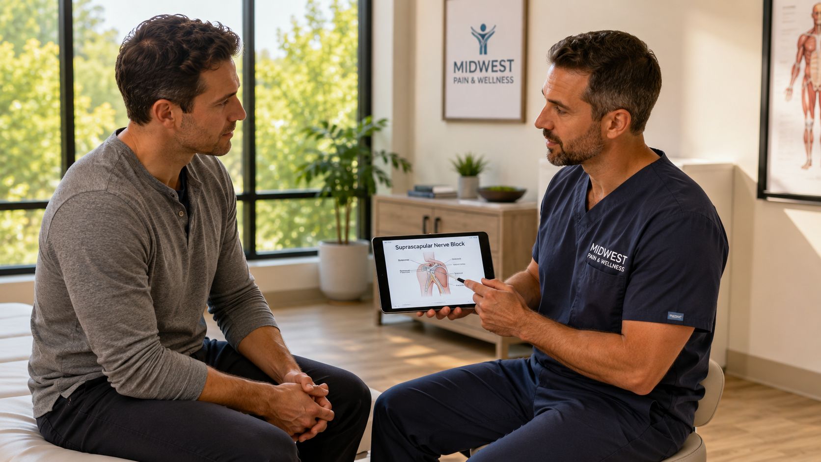 suprascapular nerve block medical consultation For many people across Oak Lawn, Palos Hills, Palos Heights, Worth, Bridgeview, Hickory Hills, Alsip, Burbank, Evergreen Park, Orland Park, and nearby Illinois communities, that kind of pain doesn't just stay in the shoulder. It affects sleep, mood, work, and confidence in movement. If you've already tried rest, medication, or exercises and still feel stuck, a Suprascapular Nerve Block may be one of the targeted options your pain specialist discusses. Suprascapular Nerve Block: Local Pain Relief Guide A doctor explaining the suprascapular nerve block procedure to a patient using a tablet in a clinic.