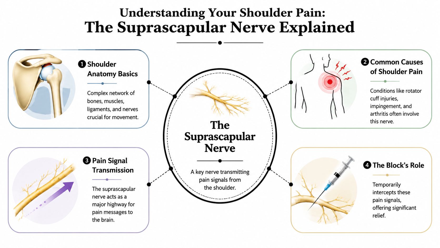 suprascapular nerve block nerve infographic For many people across Oak Lawn, Palos Hills, Palos Heights, Worth, Bridgeview, Hickory Hills, Alsip, Burbank, Evergreen Park, Orland Park, and nearby Illinois communities, that kind of pain doesn't just stay in the shoulder. It affects sleep, mood, work, and confidence in movement. If you've already tried rest, medication, or exercises and still feel stuck, a Suprascapular Nerve Block may be one of the targeted options your pain specialist discusses. Suprascapular Nerve Block: Local Pain Relief Guide An infographic explaining the anatomy of the suprascapular nerve and how a nerve block treats shoulder pain.