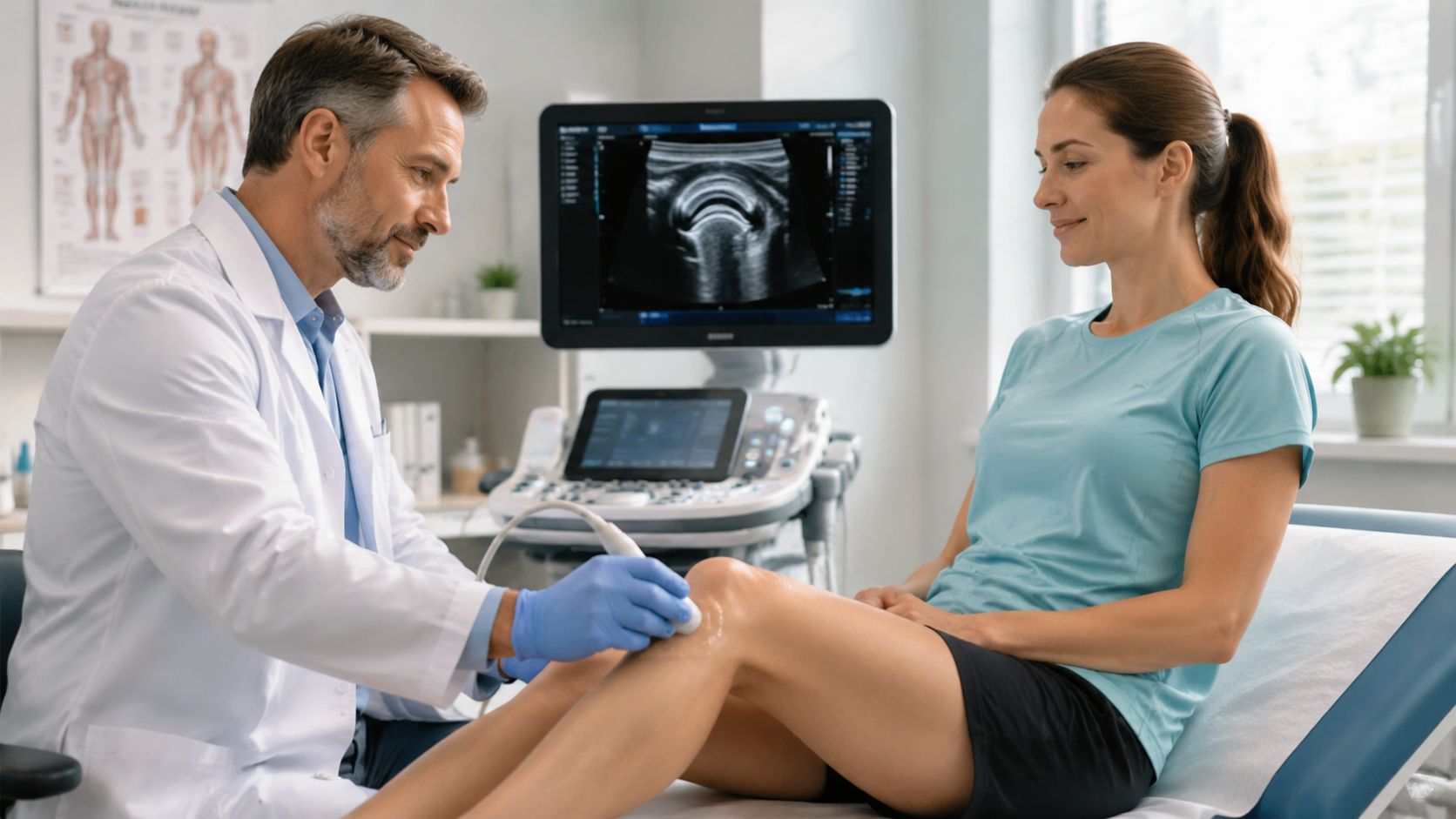 A male doctor performing a knee ultrasound examination on a female patient in a medical clinic.