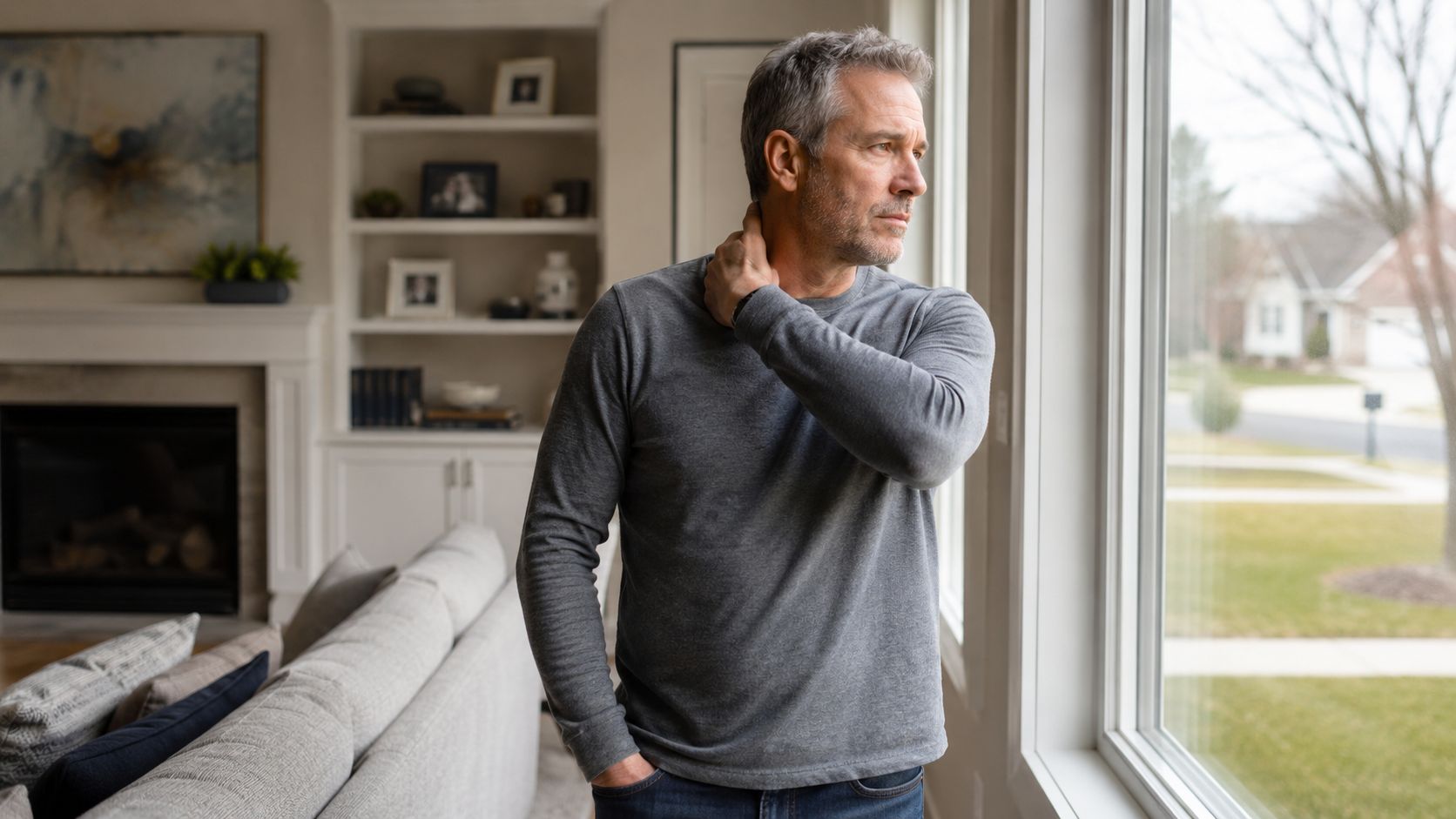 A middle-aged man with grey hair stands by a window looking distressed while rubbing his painful neck.