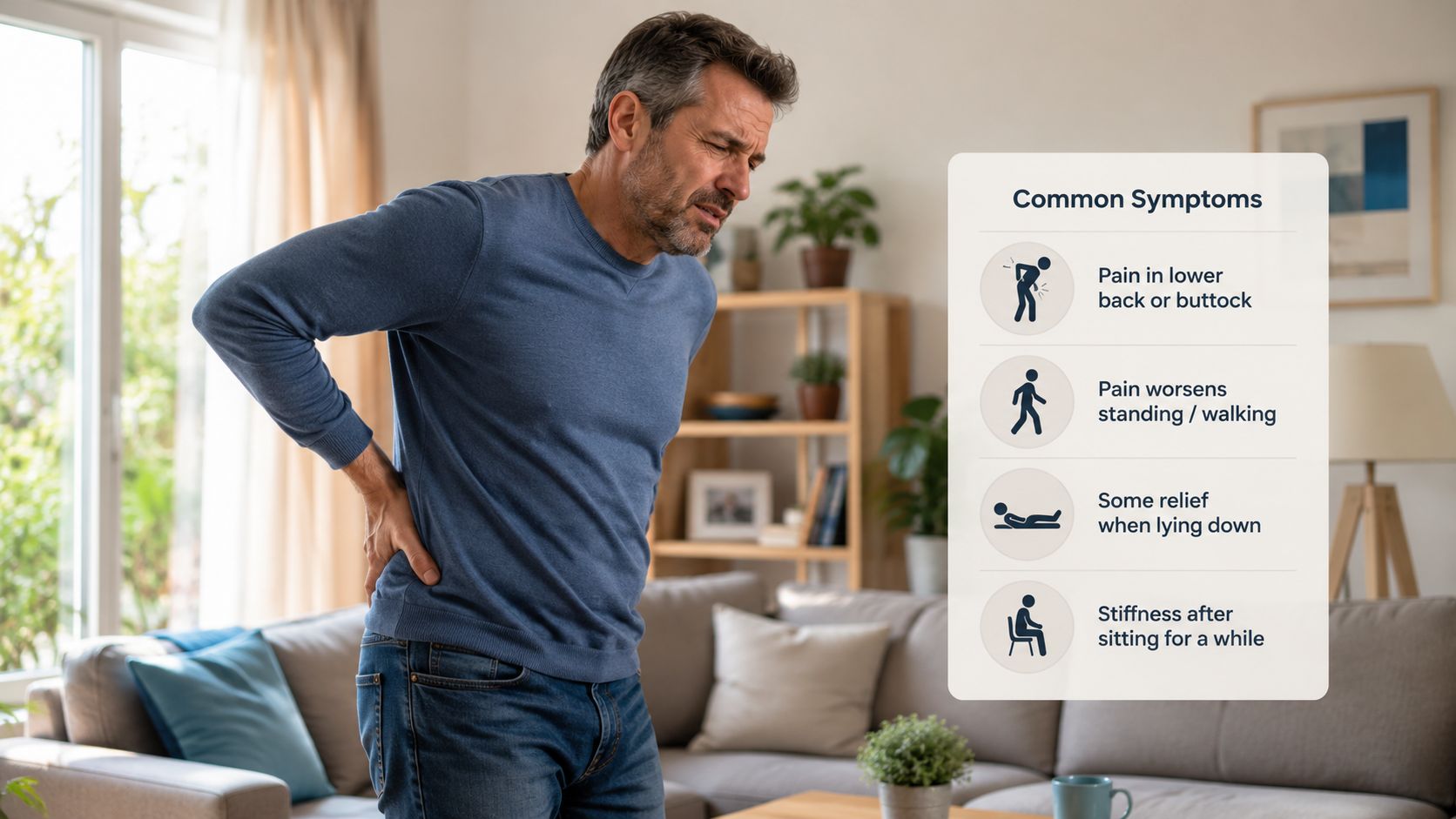 A man in a blue sweater holding his back in pain, next to a list of spinal symptoms.