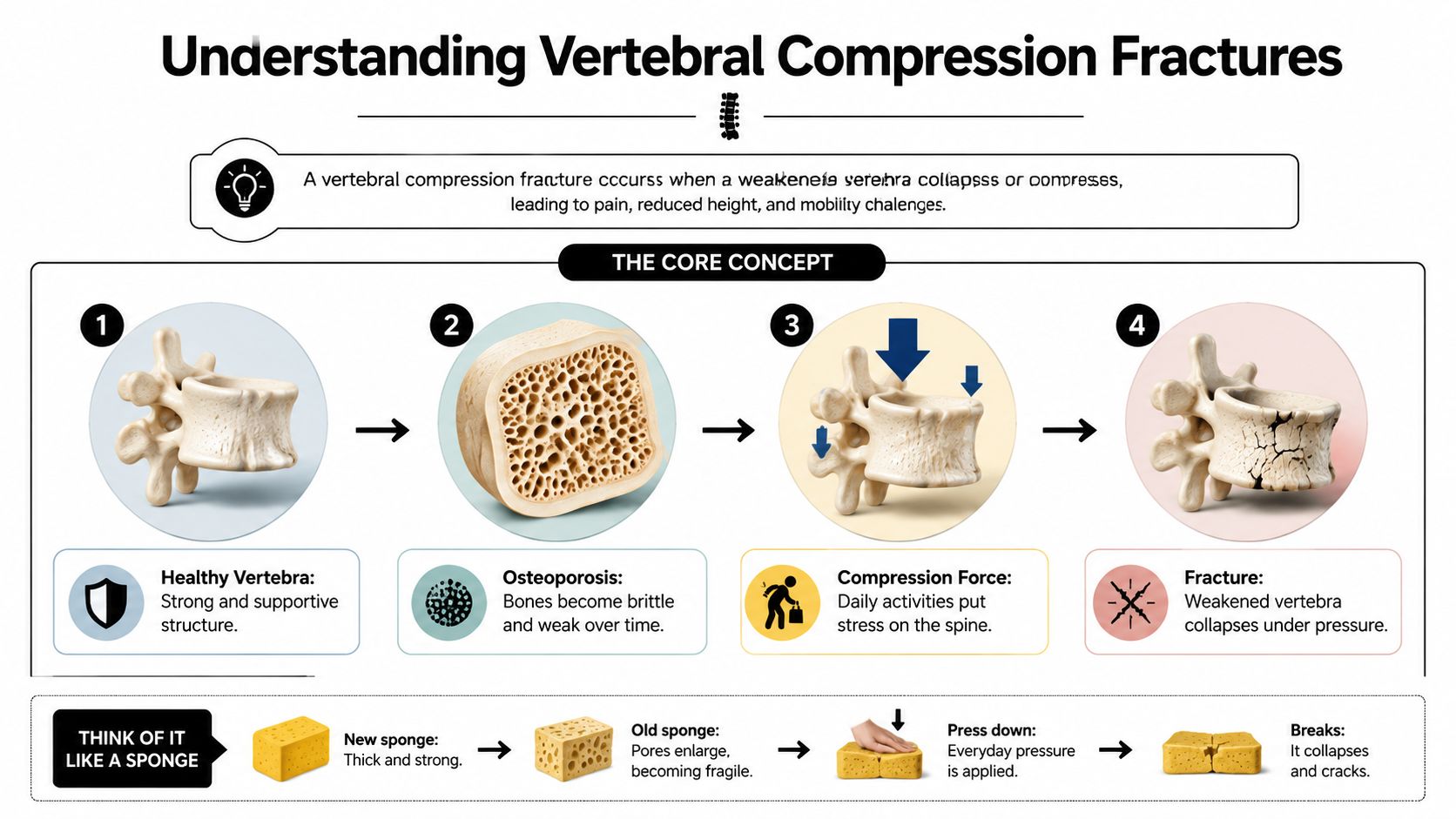 A diagram illustrating how osteoporosis causes weakened vertebrae to collapse under pressure, resulting in compression fractures.