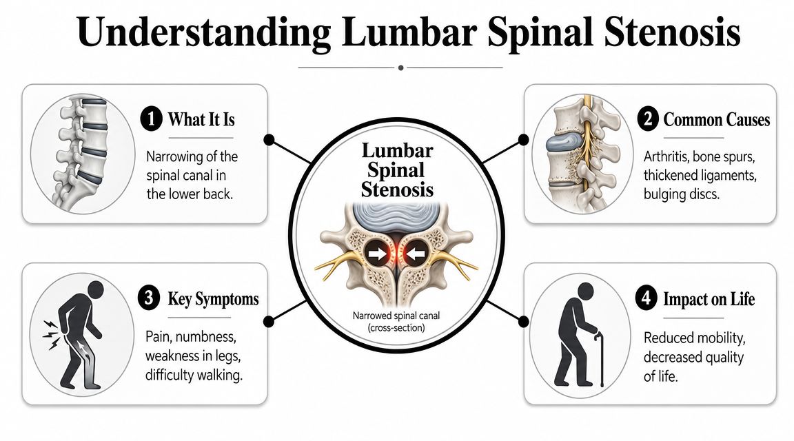An infographic illustrating lumbar spinal stenosis, including its definition, common causes, key symptoms, and impact on life.