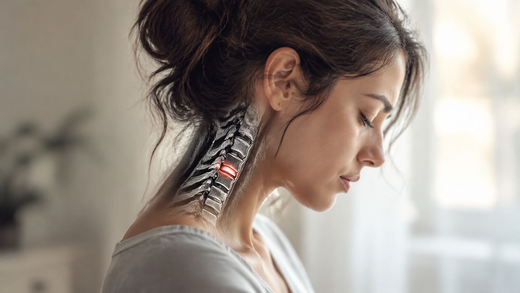 what causes chronic neck pain cervical spine You may be feeling it right now. A tight pull at the base of your skull when you back out of the driveway. A knot between your neck and shoulder after a workday at the computer. A sharp catch when you check your blind spot on Cicero Avenue or turn your head in bed. For many people in Chicago Ridge and nearby communities like Oak Lawn, Palos Hills, and Bridgeview, neck pain doesn't stay occasional. It starts to shape the day. What Causes Chronic Neck Pain? Discover Solutions A woman experiencing neck pain with a medical illustration of cervical spine injury highlighted in red.