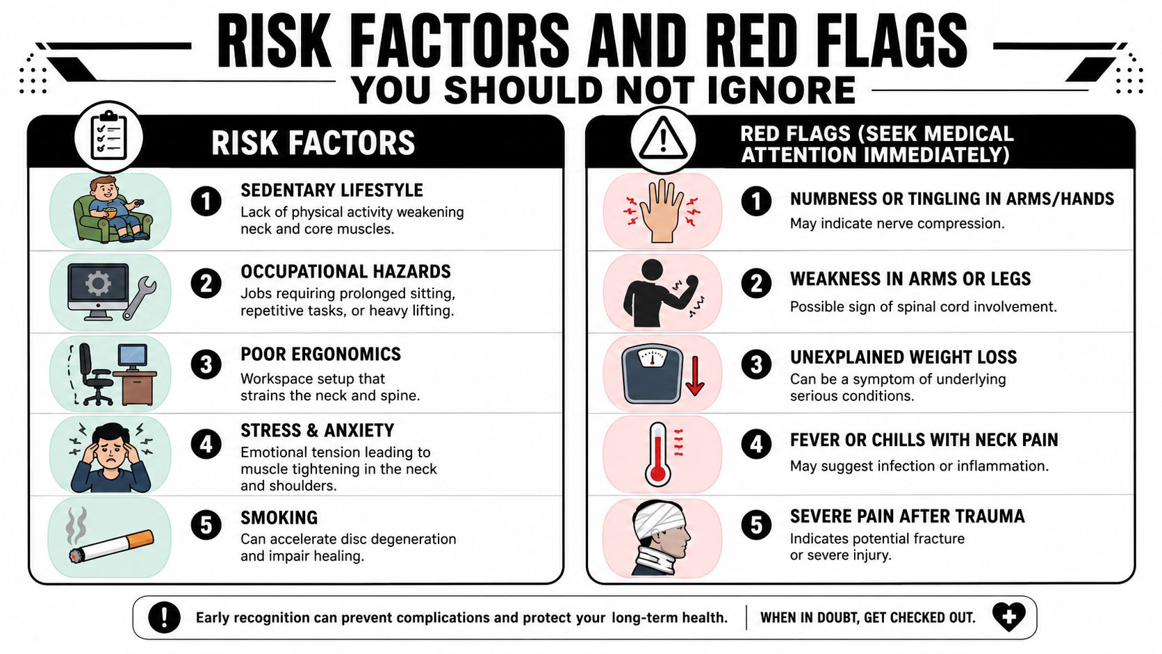 what causes chronic neck pain risk factors You may be feeling it right now. A tight pull at the base of your skull when you back out of the driveway. A knot between your neck and shoulder after a workday at the computer. A sharp catch when you check your blind spot on Cicero Avenue or turn your head in bed. For many people in Chicago Ridge and nearby communities like Oak Lawn, Palos Hills, and Bridgeview, neck pain doesn't stay occasional. It starts to shape the day. What Causes Chronic Neck Pain? Discover Solutions An infographic detailing various risk factors and warning red flags associated with neck pain and spinal health.