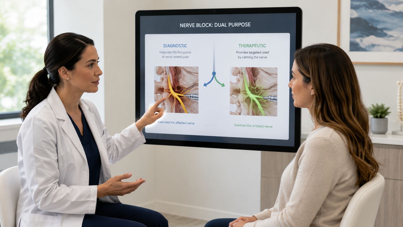 A female doctor explains a nerve block injection to a patient using a digital medical display screen.