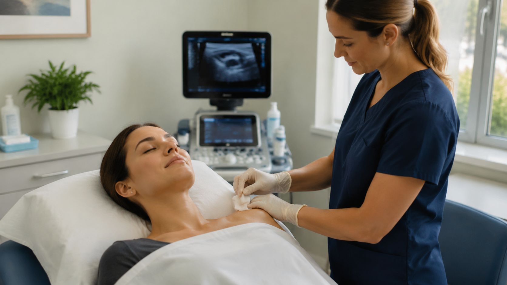 A medical professional cleaning a patient's shoulder area with a cotton pad before a nerve block injection procedure.