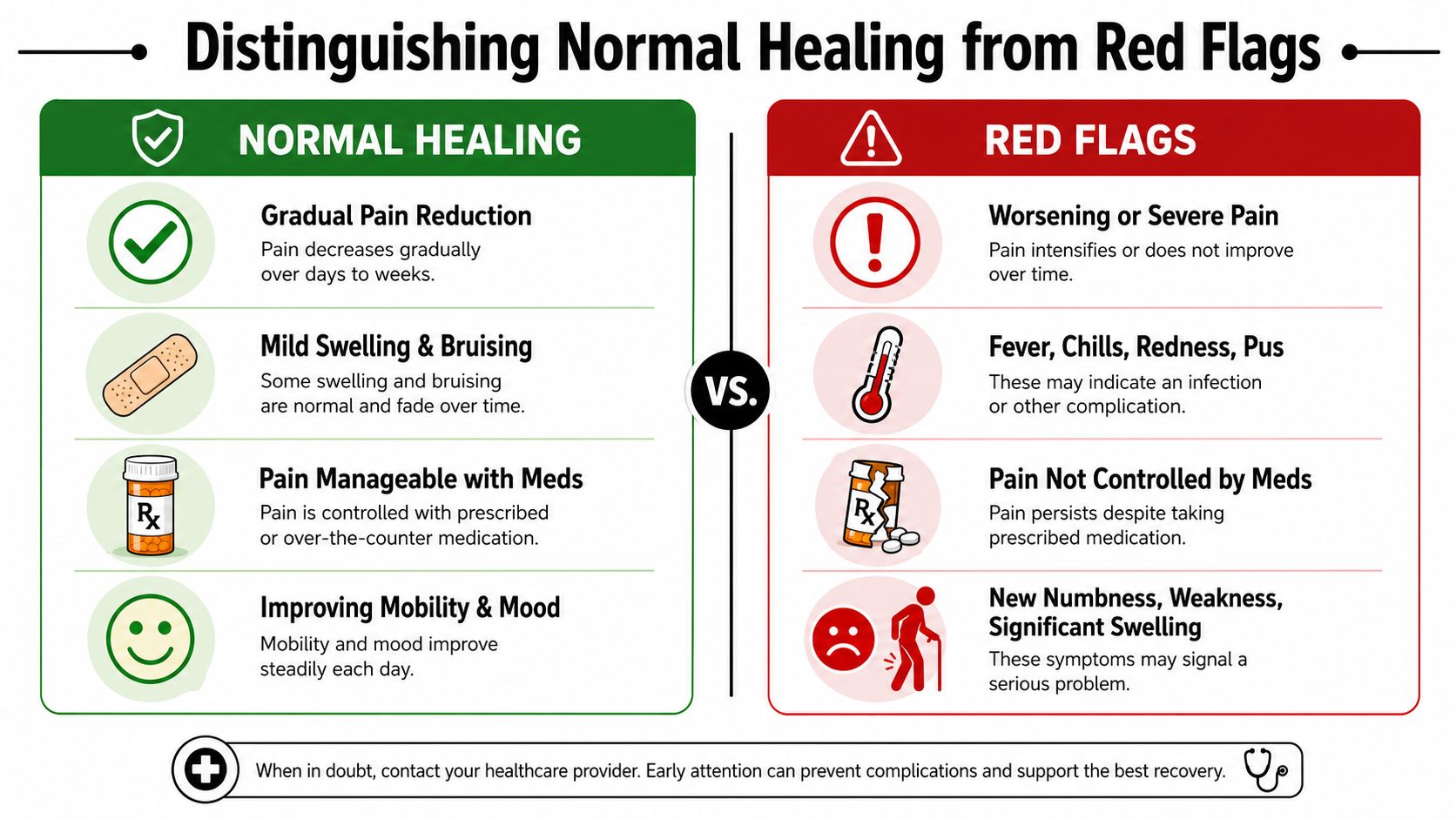 what is postoperative pain healing comparison What is postoperative pain in the first place? It's the body's expected response to surgical trauma. Tissue injury triggers inflammation at the surgical site, and the nervous system becomes more alert while healing is underway. What Is Postoperative Pain: Causes & Treatments 2026 A chart comparing signs of normal post-surgery recovery with serious red flags requiring medical attention.