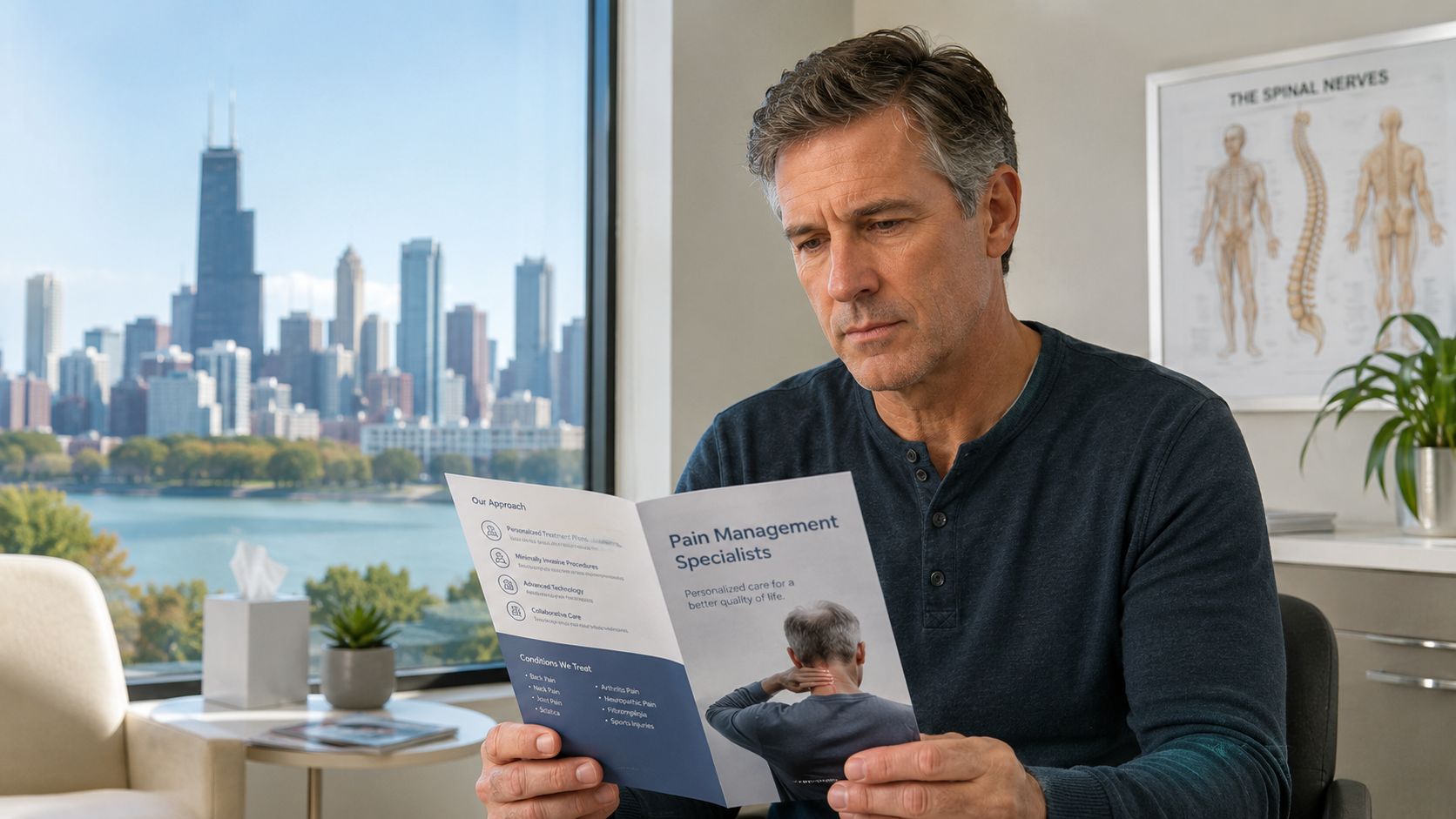 what is postoperative pain pain management What is postoperative pain in the first place? It's the body's expected response to surgical trauma. Tissue injury triggers inflammation at the surgical site, and the nervous system becomes more alert while healing is underway. What Is Postoperative Pain: Causes & Treatments 2026 A man reads a pain management medical brochure inside an office with a view of a city skyline.
