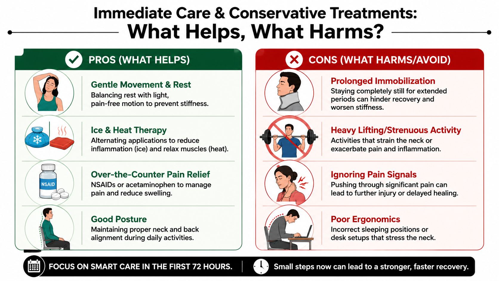 An infographic showing recommended immediate care and conservative treatments to avoid for managing neck pain and injury.