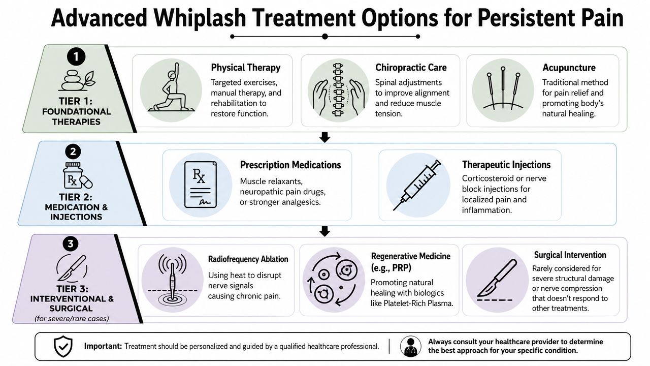 A structured infographic illustrating three tiers of medical treatments for persistent whiplash pain, ranging from therapies to surgery.