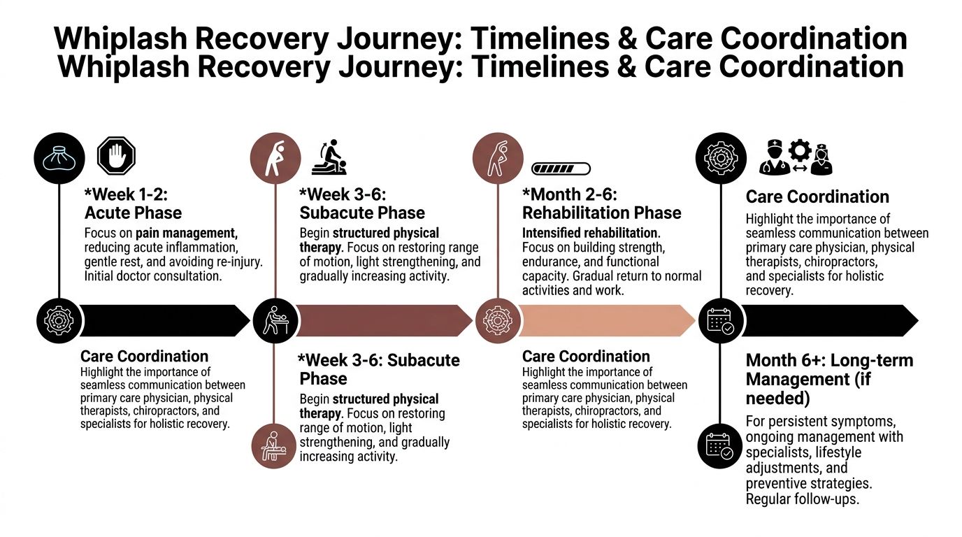 A diagram outlining the different stages of whiplash recovery, including timelines, rehabilitation, and care coordination steps.