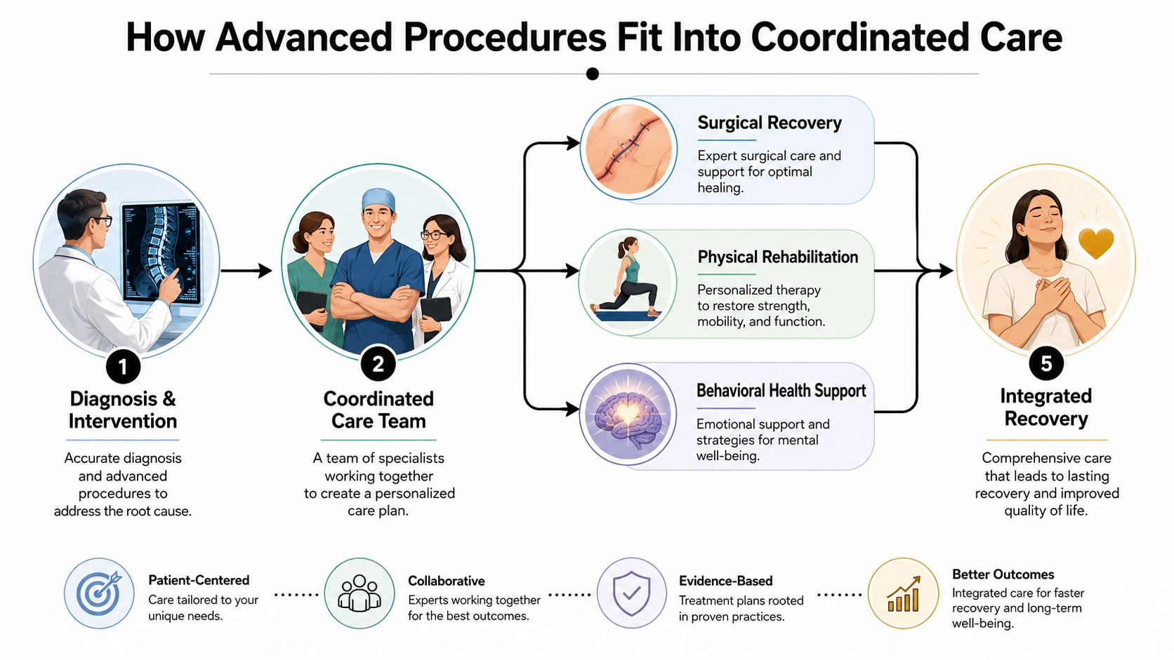 advanced pain management coordinated care 20.9% of U.S. adults, about 51.6 million people, lived with chronic pain in 2021, and 6.9%, about 17.1 million people, had high-impact chronic pain that restricted daily activities, according to the CDC report on chronic pain prevalence. That scale is why advanced pain management is not a niche service. It's a practical response for people whose pain has outgrown simple medication changes and who need a plan built around function, not just symptom suppression. Advanced Pain Management: Opioid-Free Relief Guide A diagram illustrating the five stages of coordinated care for advanced pain management and treatment recovery.