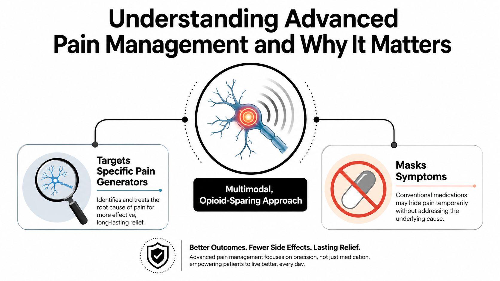 advanced pain management pain relief 20.9% of U.S. adults, about 51.6 million people, lived with chronic pain in 2021, and 6.9%, about 17.1 million people, had high-impact chronic pain that restricted daily activities, according to the CDC report on chronic pain prevalence. That scale is why advanced pain management is not a niche service. It's a practical response for people whose pain has outgrown simple medication changes and who need a plan built around function, not just symptom suppression. Advanced Pain Management: Opioid-Free Relief Guide An infographic comparing precision-based advanced pain management to conventional medication that only masks pain symptoms.