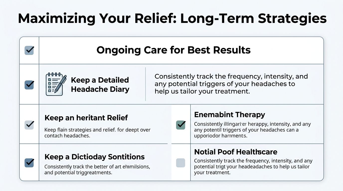 botox for migraine aftercare headache strategies The first day is the most important part of Botox for migraine aftercare. In this window, the job is to reduce the chance that the medication shifts into nearby muscles where it wasn't intended to go. Botox for Migraine Aftercare: Your Patient Guide A chart listing long-term strategies for migraine relief, including keeping a headache diary and ongoing healthcare.