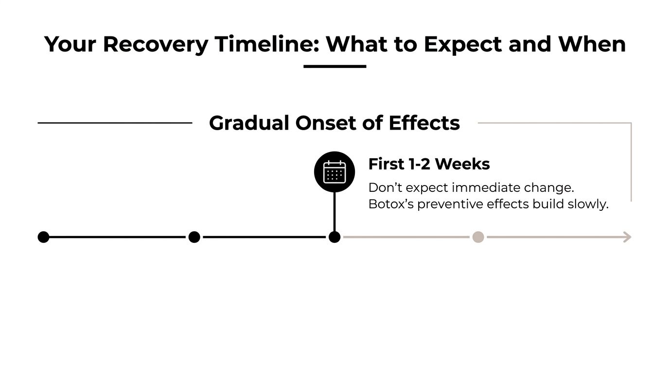 botox for migraine aftercare recovery timeline The first day is the most important part of Botox for migraine aftercare. In this window, the job is to reduce the chance that the medication shifts into nearby muscles where it wasn't intended to go. Botox for Migraine Aftercare: Your Patient Guide A timeline graphic showing that Botox preventive effects for migraines build gradually over the first two weeks.