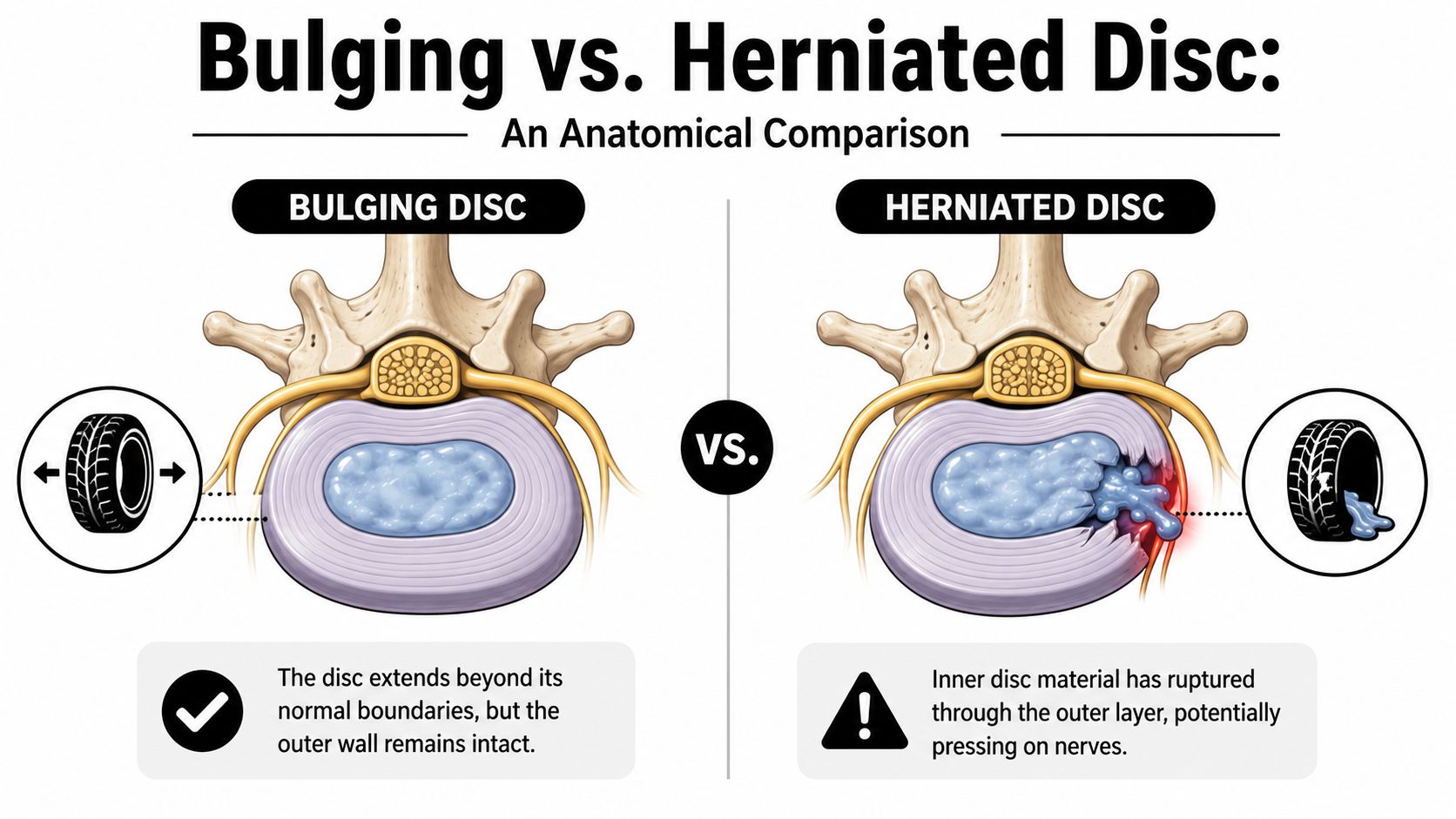 bulging disc vs herniated disc anatomical comparison A common scenario goes like this. Someone has back pain for a few weeks, then pain starts shooting into the hip or down the leg. Their primary doctor orders imaging. The report comes back with unfamiliar language, and suddenly they're searching every possible meaning of “bulging disc vs herniated disc.” Bulging Disc vs Herniated Disc: A Patient's Guide Anatomical comparison infographic showing the structural differences between a bulging disc and a herniated spinal disc.
