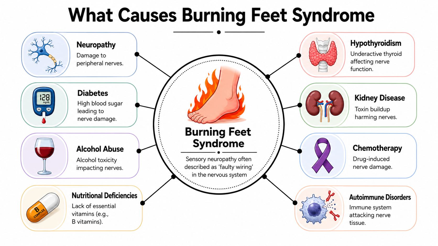 burning feet syndrome treatment medical infographic That pattern often points to a nerve-related problem, not just tired feet. Good burning feet syndrome treatment starts by figuring out why the nerves are misfiring, then matching the treatment to the cause. For patients in the Illinois communities around Chicago Ridge, including Oak Lawn, Palos Hills, Palos Heights, Worth, Bridgeview, Hickory Hills, Alsip, Burbank, Evergreen Park, and Orland Park, the most useful approach is one that moves step by step from symptom control to precise diagnosis and, if needed, advanced pain management. Burning Feet Syndrome Treatment: Your Chicago Area Guide An infographic showing the various causes of burning feet syndrome including diabetes, neuropathy, and vitamin deficiencies.