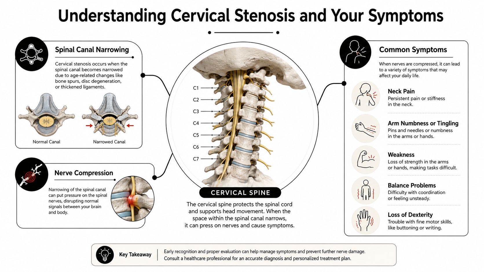 cervical stenosis treatment cervical stenosis The first thing I tell patients is simple, cervical stenosis treatment usually starts conservatively. That isn't a delay tactic, it's the standard pathway for mild-to-moderate disease when there's no clear spinal cord injury, severe compression, or rapidly worsening neurologic change. The evidence behind that approach is reassuring, because many patients improve enough to stay out of the operating room initially (PM&R KnowledgeNow on cervical stenosis). Cervical Stenosis Treatment: Complete Guide to Relief An infographic showing the causes, spinal anatomy, and common symptoms associated with cervical spinal stenosis.