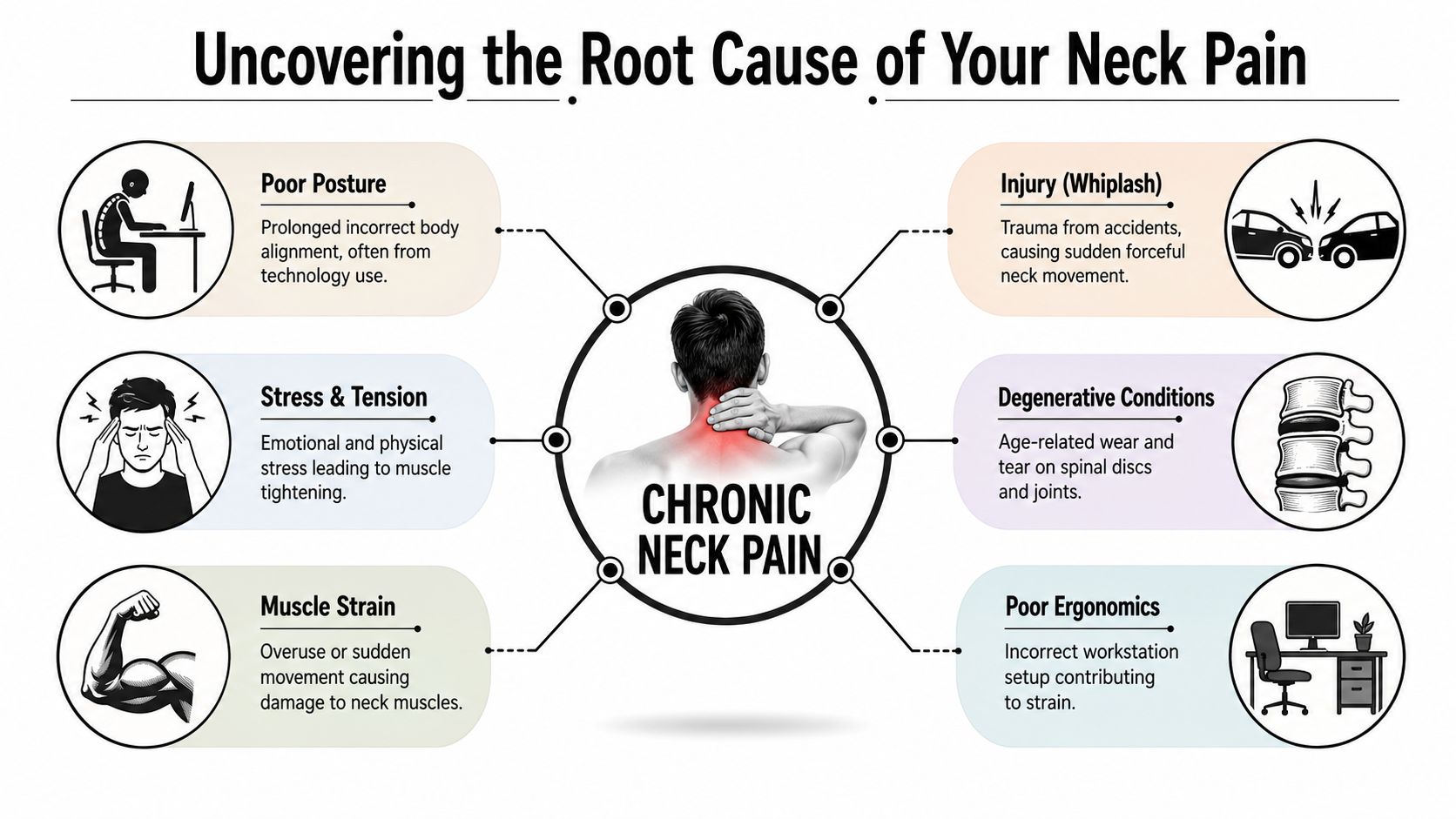 A diagram illustrating six common causes of chronic neck pain including posture, stress, injury, and ergonomics.