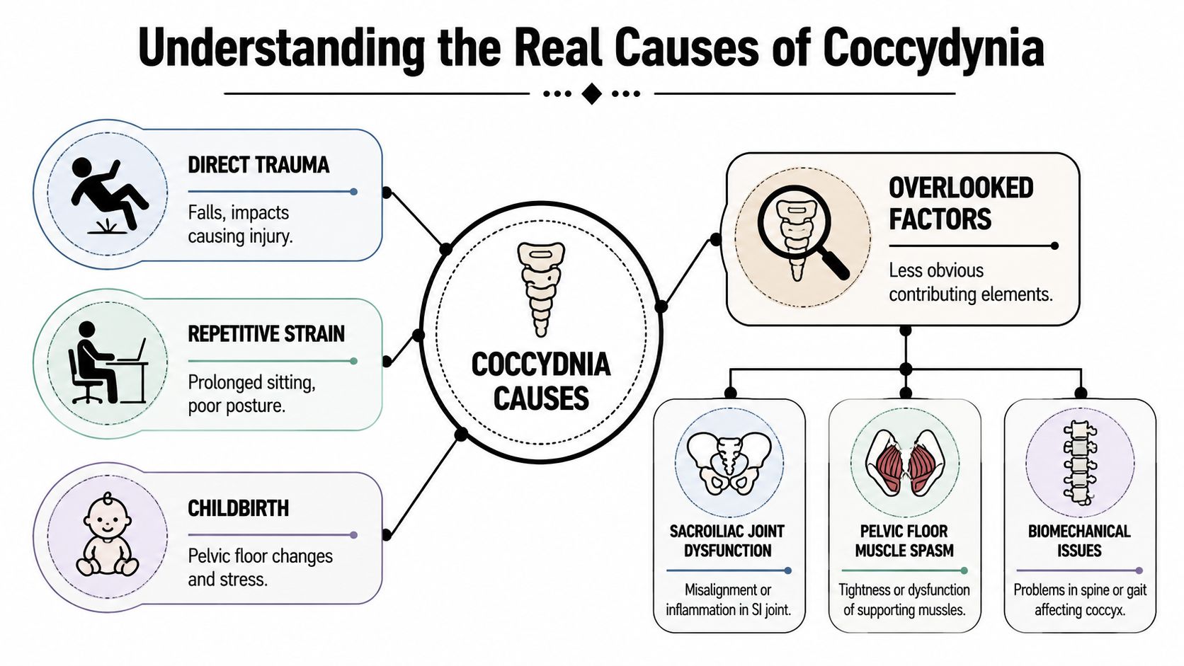 coccydynia pain treatment coccydynia causes The most useful way to approach coccydynia pain treatment is step by step. Start with pressure relief, posture changes, and simple anti-inflammatory measures. If that doesn't settle things down, a pain specialist can sort out whether the source is the coccyx itself, the surrounding ligaments, irritated nerves, or tight pelvic floor muscles. From there, treatment can progress to targeted rehabilitation, image-guided injections, ganglion impar blocks, or radiofrequency procedures that reduce pain without relying on opioids. Coccydynia Pain Treatment: A Guide for Illinois Patients An infographic illustrating various causes of coccydynia including trauma, repetitive strain, childbirth, and secondary biomechanical factors.