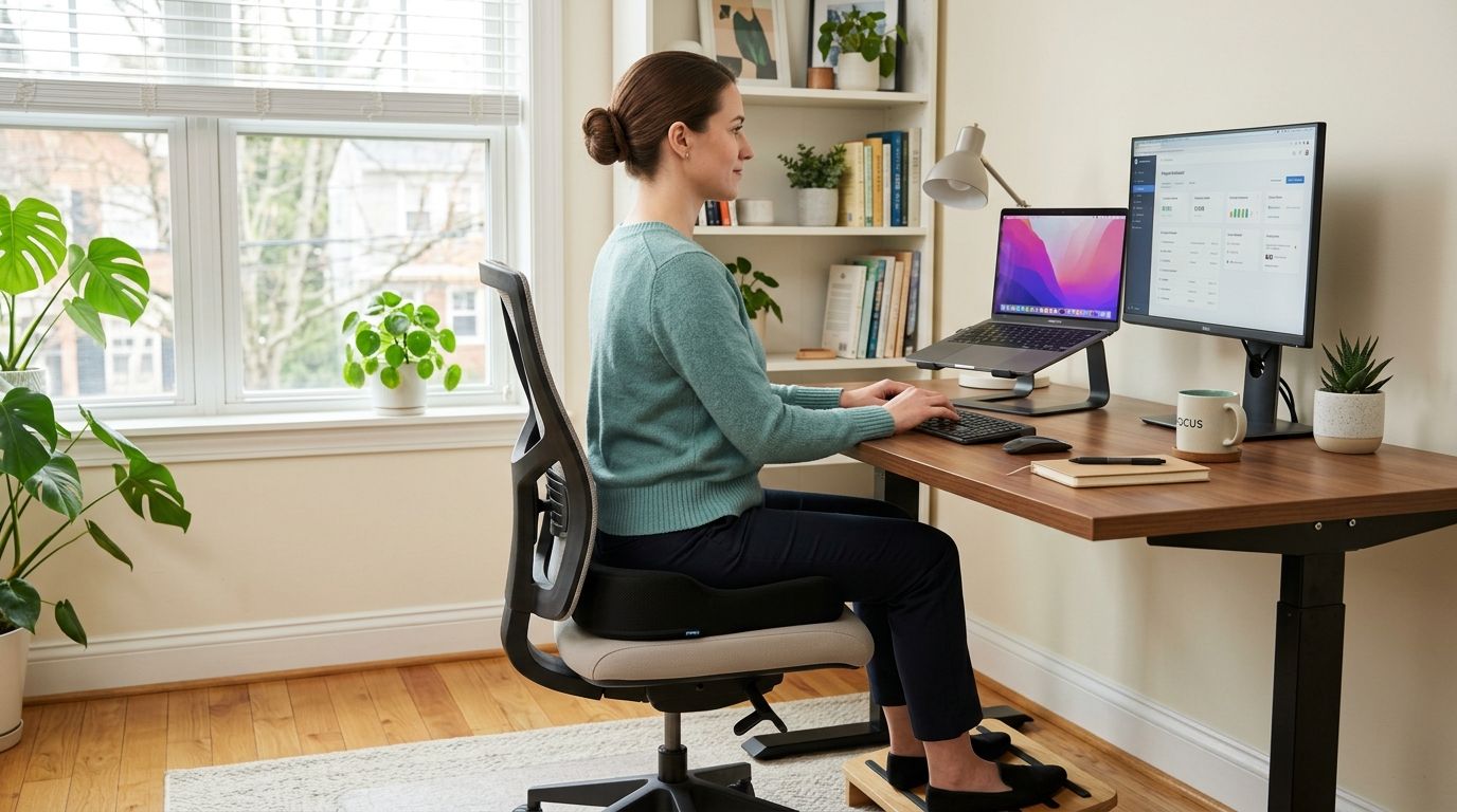 coccydynia pain treatment ergonomic seating The most useful way to approach coccydynia pain treatment is step by step. Start with pressure relief, posture changes, and simple anti-inflammatory measures. If that doesn't settle things down, a pain specialist can sort out whether the source is the coccyx itself, the surrounding ligaments, irritated nerves, or tight pelvic floor muscles. From there, treatment can progress to targeted rehabilitation, image-guided injections, ganglion impar blocks, or radiofrequency procedures that reduce pain without relying on opioids. Coccydynia Pain Treatment: A Guide for Illinois Patients A woman working at a home office desk, sitting on a specialized ergonomic cushion for pain relief.