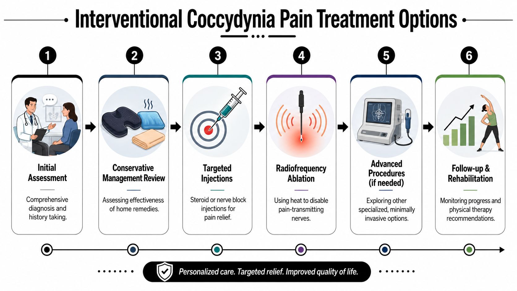 coccydynia pain treatment infographic The most useful way to approach coccydynia pain treatment is step by step. Start with pressure relief, posture changes, and simple anti-inflammatory measures. If that doesn't settle things down, a pain specialist can sort out whether the source is the coccyx itself, the surrounding ligaments, irritated nerves, or tight pelvic floor muscles. From there, treatment can progress to targeted rehabilitation, image-guided injections, ganglion impar blocks, or radiofrequency procedures that reduce pain without relying on opioids. Coccydynia Pain Treatment: A Guide for Illinois Patients A six-step infographic detailing the interventional medical treatment options and management process for coccydynia tailbone pain.
