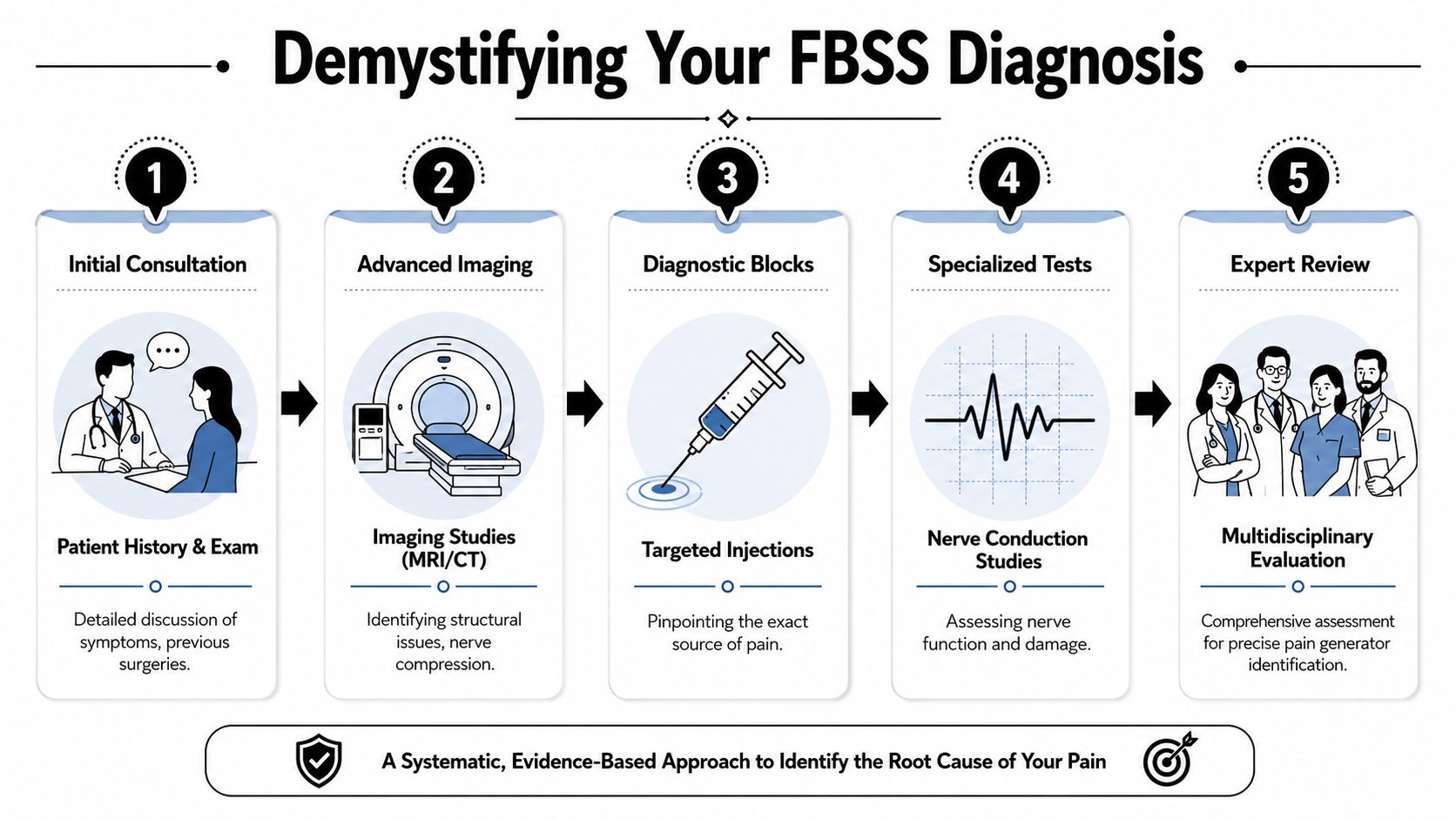 failed back surgery syndrome diagnostic process Failed back surgery syndrome is a real medical diagnosis, not a personal failure and not proof that your pain is "just something you have to live with." It affects between 10% and 40% of patients undergoing back surgery according to this review discussing persistent pain after back surgery. If you've also been dealing with a work injury history, questions about benefits, or a case that was closed before your pain was fully resolved, practical legal guidance on reopening a closed workers' comp claim can be useful alongside medical care. Failed Back Surgery Syndrome: Expert Treatment Solutions A five-step diagnostic process flow for understanding Failed Back Surgery Syndrome through comprehensive medical evaluations and testing.
