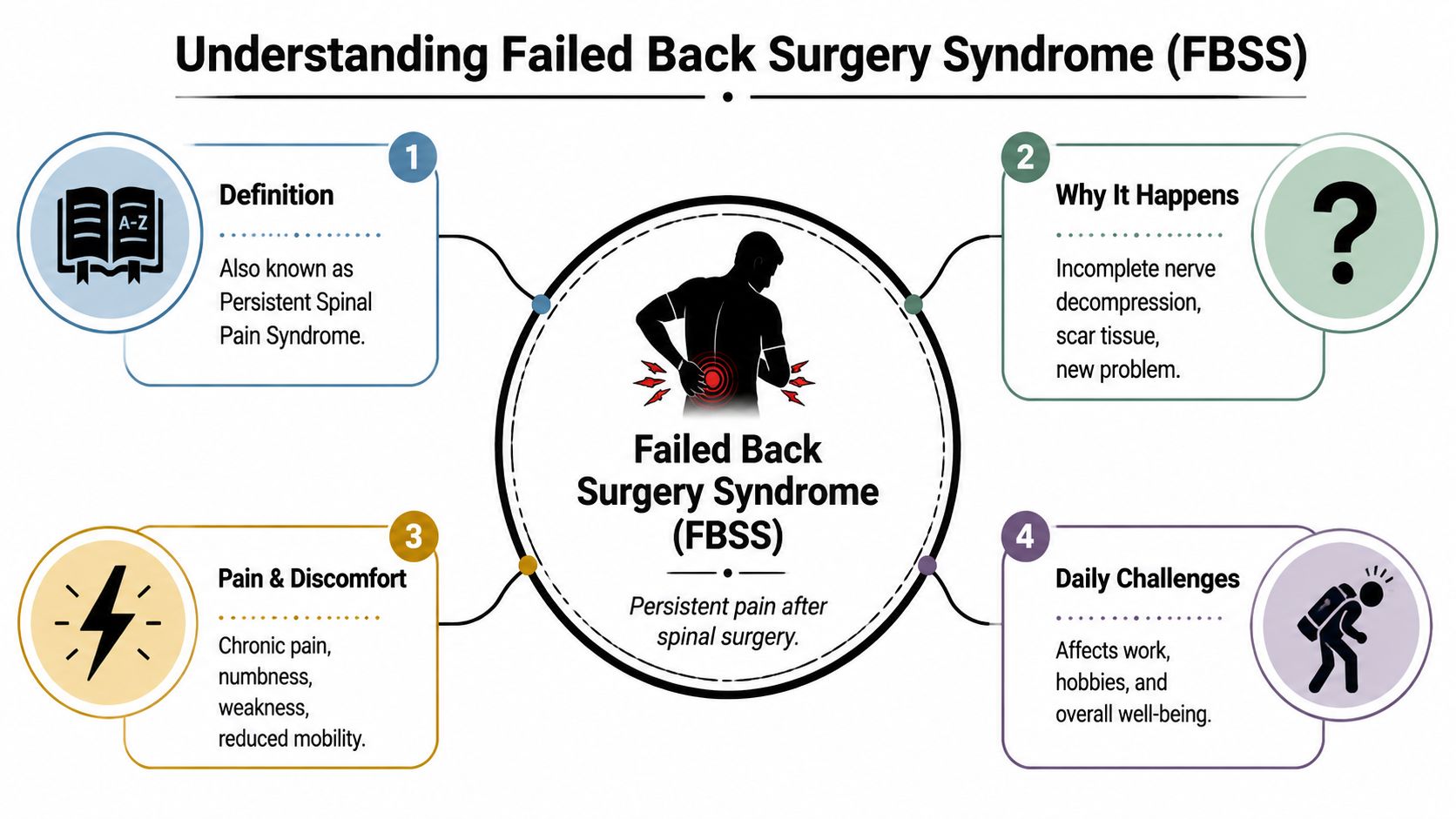 failed back surgery syndrome infographic Failed back surgery syndrome is a real medical diagnosis, not a personal failure and not proof that your pain is "just something you have to live with." It affects between 10% and 40% of patients undergoing back surgery according to this review discussing persistent pain after back surgery. If you've also been dealing with a work injury history, questions about benefits, or a case that was closed before your pain was fully resolved, practical legal guidance on reopening a closed workers' comp claim can be useful alongside medical care. Failed Back Surgery Syndrome: Expert Treatment Solutions An infographic titled Understanding Failed Back Surgery Syndrome explaining its definition, causes, symptoms, and daily challenges.