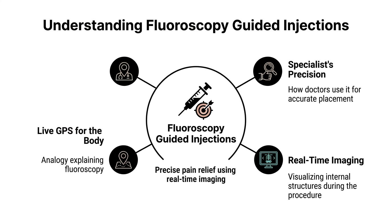 fluoroscopy guided injection medical diagram A fluoroscopy guided injection isn't a blind shot. It's a targeted, minimally invasive outpatient procedure that helps place medication exactly where pain is coming from. For the right patient, that precision matters. It can calm inflammation, clarify diagnosis, and create room to move again with less pain and less reliance on opioids. Fluoroscopy Guided Injection: A Patient's Guide to Relief A diagram explaining fluoroscopy guided injections, featuring real-time imaging and specialist precision for pain relief procedures.