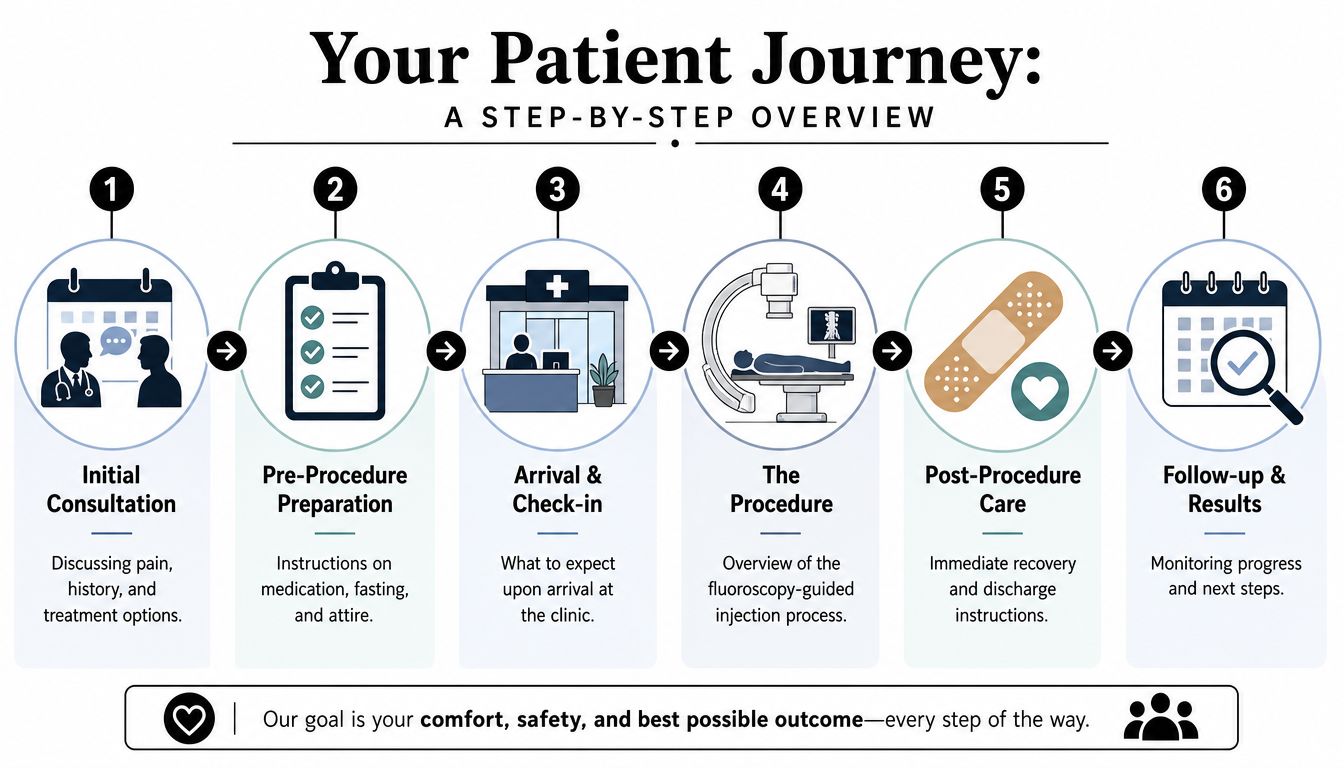 fluoroscopy guided injection patient journey A fluoroscopy guided injection isn't a blind shot. It's a targeted, minimally invasive outpatient procedure that helps place medication exactly where pain is coming from. For the right patient, that precision matters. It can calm inflammation, clarify diagnosis, and create room to move again with less pain and less reliance on opioids. Fluoroscopy Guided Injection: A Patient's Guide to Relief A step-by-step infographic illustrating the six-stage patient journey for a fluoroscopy-guided injection medical procedure.