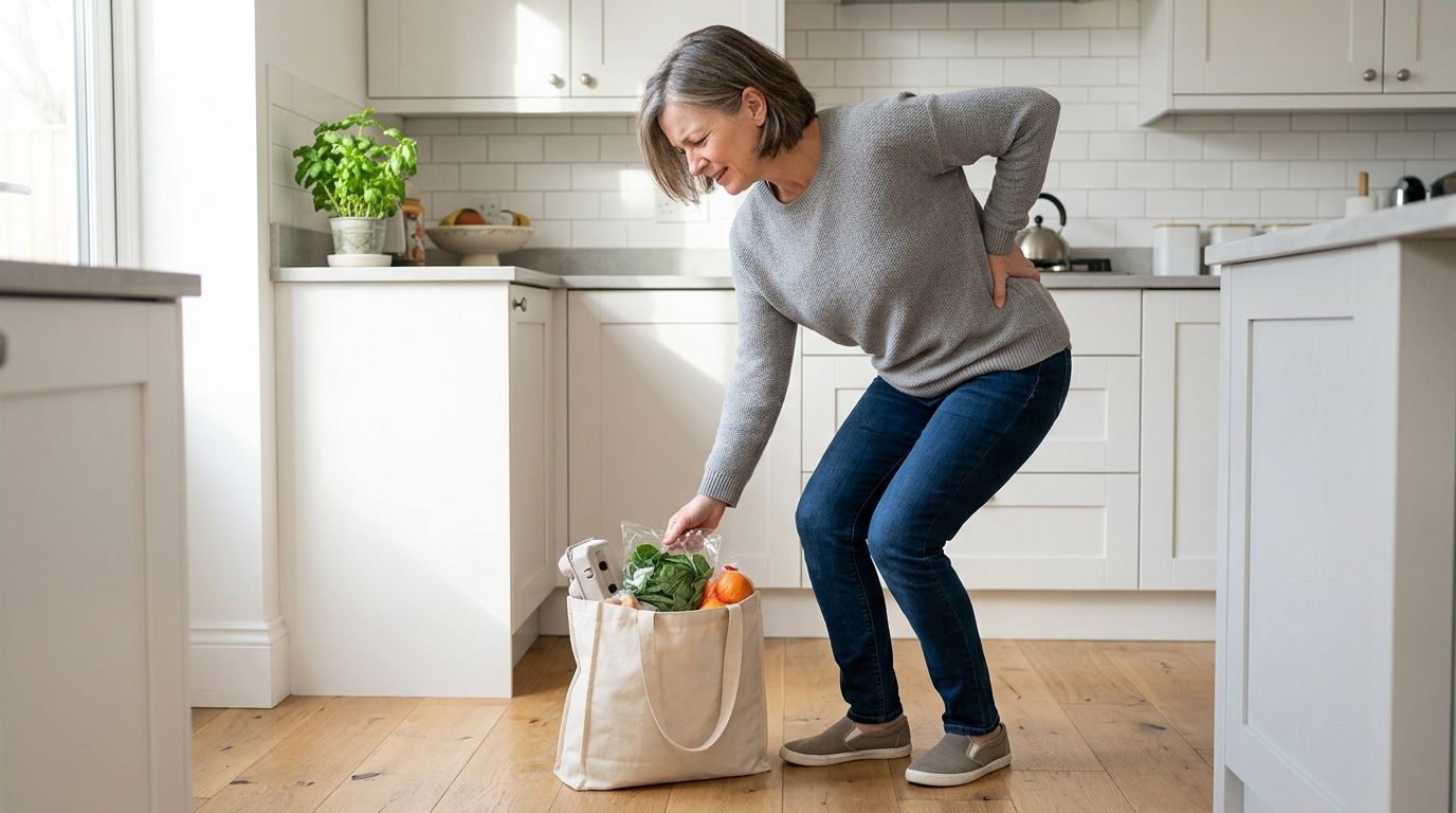 A middle-aged woman in a kitchen holding her lower back while leaning down toward a grocery bag.