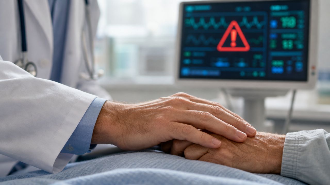 A doctor holding a patient's hand with a medical monitor displaying an alarm in the background.