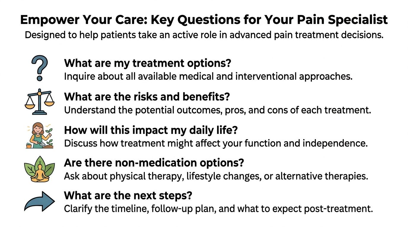 A list of five essential questions to ask a pain specialist to help guide treatment decisions.