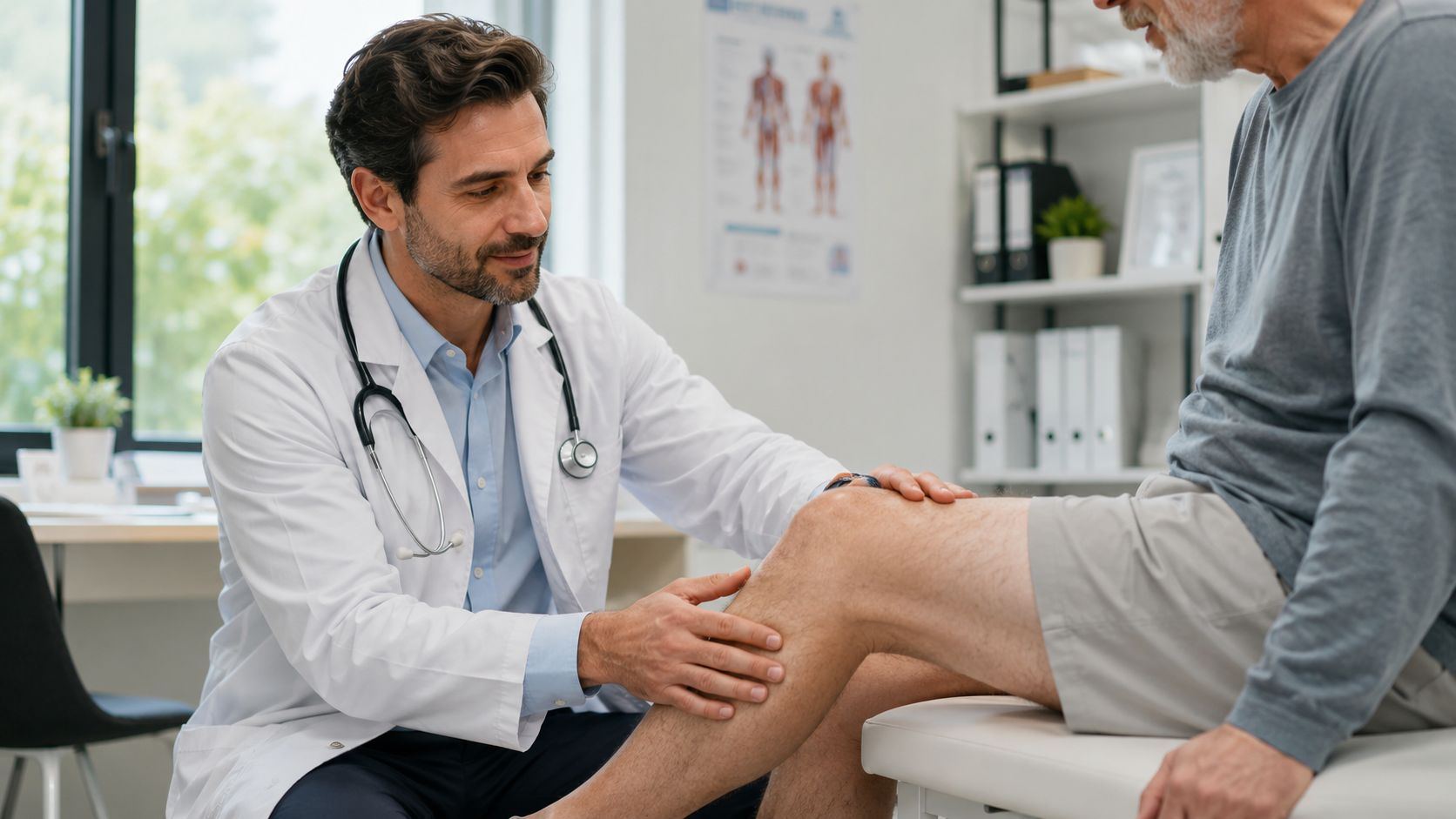 A male doctor performing a physical examination on a senior patient's knee during a medical consultation.